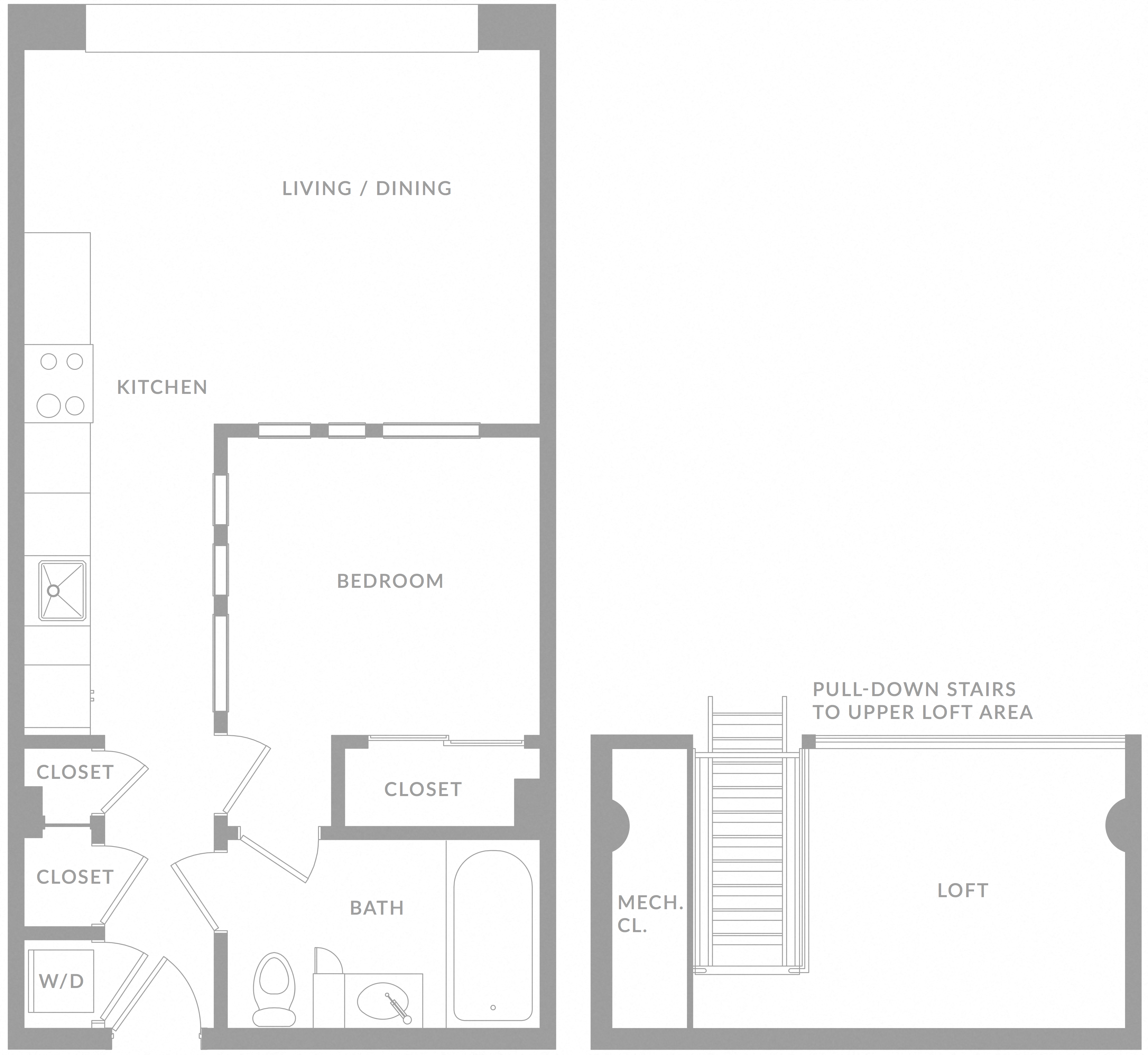 Floor plan for 1 bed, 1 bath, 750 sqft